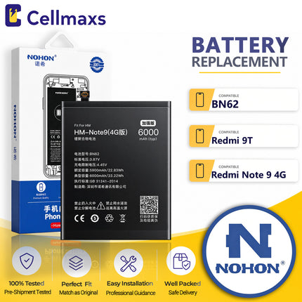 Nohon Battery BN62 6000mAh For Xiaomi Poco M3 Redmi Note 9 4G 9T M2010J19CG M2010J19SC M2010J19SG M2010J19SY Battery Replacement With Tools Adhesive