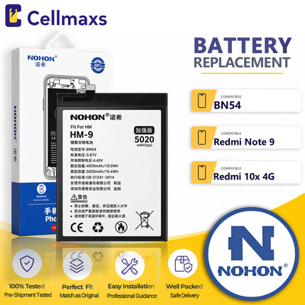 Nohon Battery BN54 5020mAh For Xiaomi Redmi Note 9 10X 4G M2003J15SC M2003J15SG M2003J15SS M2003J15SC Battery Replacement With Tools Adhesive