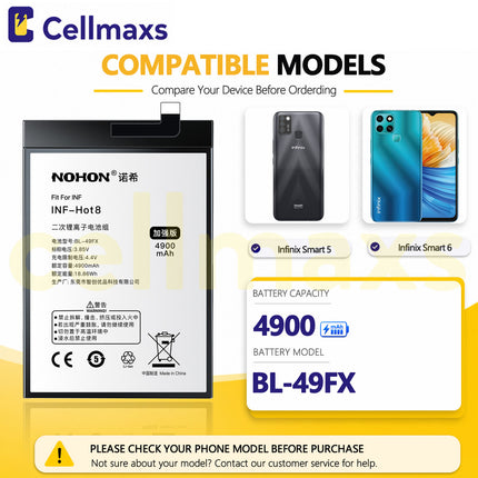 Nohon Battery BL-49FX 4900mAh For Infinix Smart 5 6 Hot 8 9 X650 X651 X655 X657 Battery Replacement With Tools Adhesive