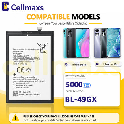 Cellmaxs Battery BL-49GX 5000mAh For Infinix Note 7 10 11 11s Hot 11s NFC Battery Replacement With Tools Adhesive