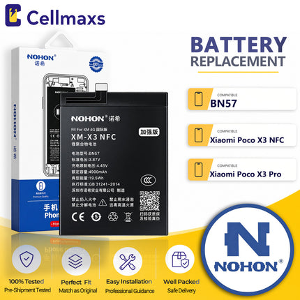 Nohon Battery BN57 4900mAh For Xiaomi Poco X3 NFC Pro M2007J20CG M2007J20CT M2102J20SG M2102J20SI Battery Replacement With Tools Adhesive