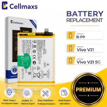 Cellmaxs Battery For Vivo V21 B-P9 V21 5G V2066 V2108 V2050 4000mAh Battery Replacement With Tools Adhesive
