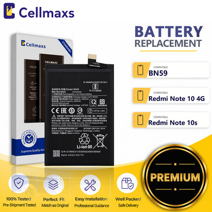 Cellmaxs Battery BN59 5000mAh For Xiaomi Redmi Note 10 10s 4G M2101K7AI M2101K7AG M2101K7BG M2101K7BI Battery Replacement With Tools Adhesive
