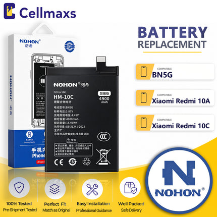 Nohon Battery BN5G 4900mAh For Xiaomi Redmi 10A 10C 220233L2C 220233L2G 220333QAG 220333QBI 220333QNY Battery Replacement With Tools Adhesive