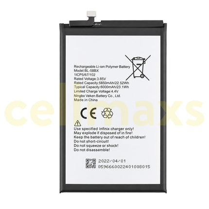 Cellmaxs Battery BL-58BX 6000mAh For Infinix Hot 9 10 11 20 30 Play X680 X688B X688C X6825 Battery Replacement With Tools Adhesive
