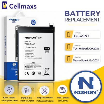 Nohon Battery BL-49NT 5000mAh For Tecno Pop 7 Pro Spark Go 2023 2024 BF6 BG6 BF7n Battery Replacement With Tools Adhesive