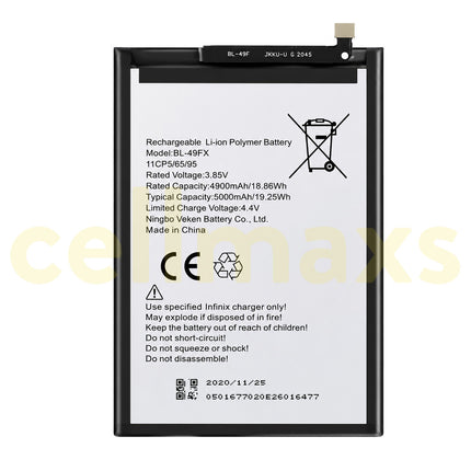 Cellmaxs Battery BL-49FX 5000mAh For Infinix Smart 5 6 Hot 8 9 X650 X651 X655 X657 Battery Replacement With Tools Adhesive