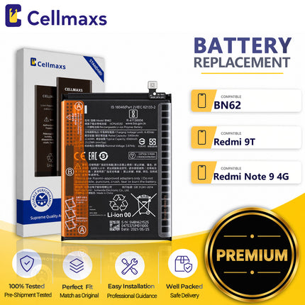 Cellmaxs Battery BN62 6000mAh For Xiaomi Poco M3 Redmi Note 9 4G 9T M2010J19CG M2010J19SC M2010J19SG M2010J19SY Battery Replacement With Tools Adhesive
