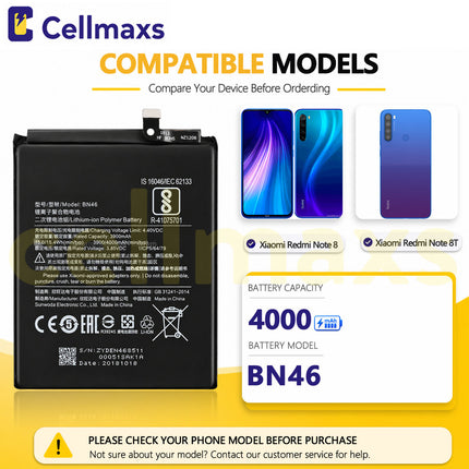 Cellmaxs Battery BN46 4000mAh For Xiaomi Redmi 7 Note 8 8T M1810F6LG M1810F6LH M1908C3JH M1908C3JG M1908C3XG Battery Replacement With Tools Adhesive
