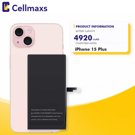 Cellmaxs Diagnostic Battery For iPhone 15 Plus 4920mAh Pass Repair Assistant Battery Replacement With Tools Adhesive