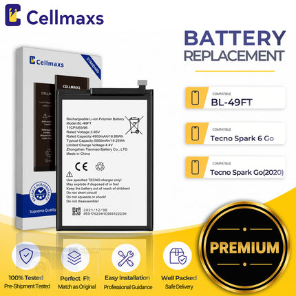 Cellmaxs Battery BL-49FT For Tecno Spark 5 Pro 6 Go 2020 KE5 KD7S KE5S KE5j KE5k 5000mAh Battery Replacement With Tools Adhesive