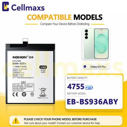Nohon Battery EB-BS936ABY 4755mAh For Samsung Galaxy S25+ S25 Plus SM-S936B SM-S936B/DS SM-S936U Battery Replacement With Tools Adhesive