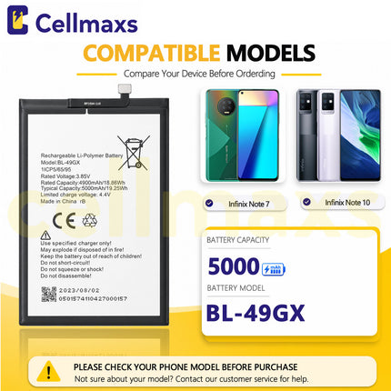 Cellmaxs Battery BL-49GX 5000mAh For Infinix Note 7 10 11 11s Hot 11s NFC Battery Replacement With Tools Adhesive