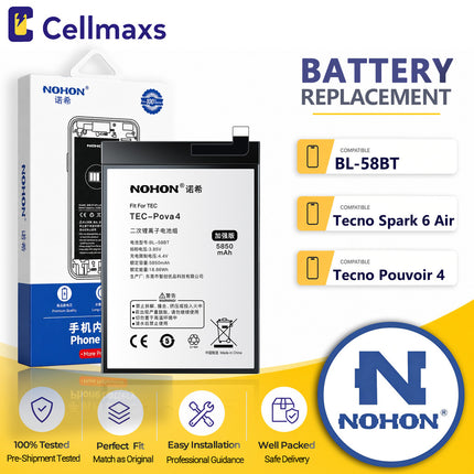 Nohon Battery BL-58BT 5850mAh For Tecno Spark 6 Air Pouvoir 4 Pro Pova KE6 KF6 LC7 LD7 Battery Replacement With Tools Adhesive