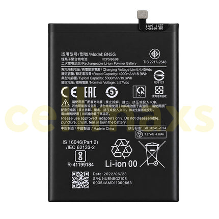Cellmaxs Battery BN5G 5000mAh For Xiaomi Redmi 10A 10C 220233L2C 220233L2G 220333QAG 220333QBI 220333QNY Battery Replacement With Tools Adhesive