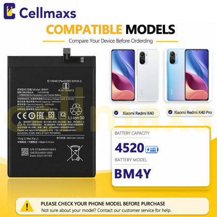 Cellmaxs Battery BM4Y 4520mAh For Xiaomi Redmi K40 Pro Poco F3 M2012K11AC M2012K11AG M2012K11C Battery Replacement With Tools Adhesive