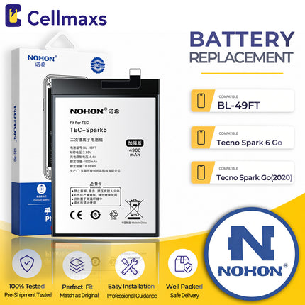 Nohon Battery BL-49FT For Tecno Spark 5 Pro 6 Go 2020 KE5 KD7S KE5S KE5j KE5k 4900mAh Battery Replacement With Tools Adhesive