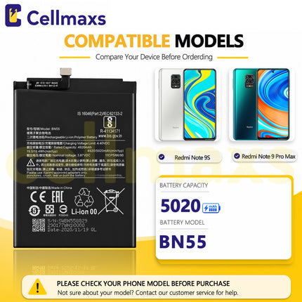 Cellmaxs Battery BN55 5020mAh For Xiaomi Redmi Note 9S 9 Pro Max M2003J6A1G M2003J6B1I Battery Replacement With Tools Adhesive