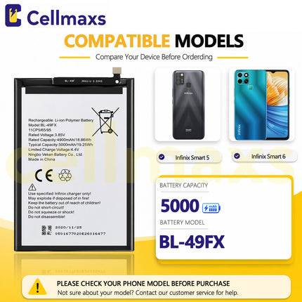 Cellmaxs Battery BL-49FX 5000mAh For Infinix Smart 5 6 Hot 8 9 X650 X651 X655 X657 Battery Replacement With Tools Adhesive