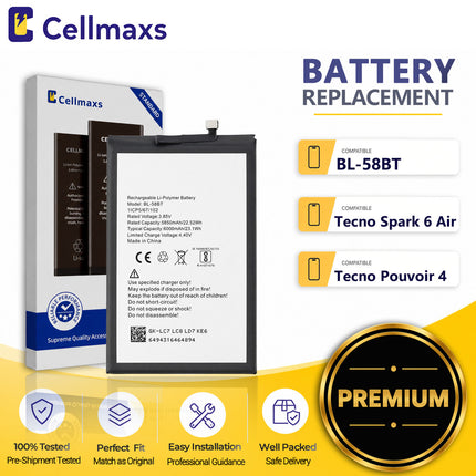 Cellmaxs Battery BL-58BT 6000mAh For Tecno Spark 6 Air Pouvoir 4 Pro Pova KE6 KF6 LC7 LD7 Battery Replacement With Tools Adhesive