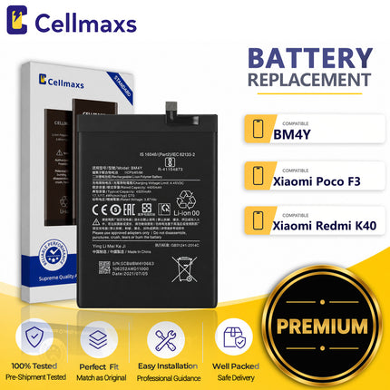 Cellmaxs Battery BM4Y 4520mAh For Xiaomi Redmi K40 Pro Poco F3 M2012K11AC M2012K11AG M2012K11C Battery Replacement With Tools Adhesive