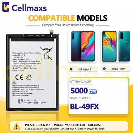Cellmaxs Battery BL-49FX 5000mAh For Infinix Smart 5 6 Hot 8 9 X650 X651 X655 X657 Battery Replacement With Tools Adhesive