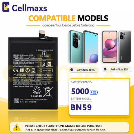 Cellmaxs Battery BN59 5000mAh For Xiaomi Redmi Note 10 10s 4G M2101K7AI M2101K7AG M2101K7BG M2101K7BI Battery Replacement With Tools Adhesive