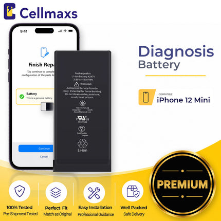 Cellmaxs Diagnostic Battery For iPhone 12 Mini 2460mAh Pass Repair Assistant Battery Replacement With Tools Adhesive