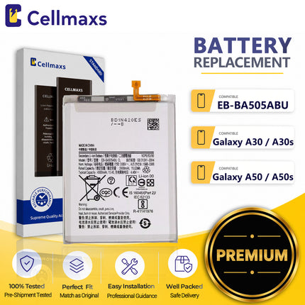 Cellmaxs Battery EB-BA505ABU 4000mAh For Samsung Galaxy A20 A30 A30s A50 A50s A205 A305 A505 A507 Battery Replacement With Tools Adhesive