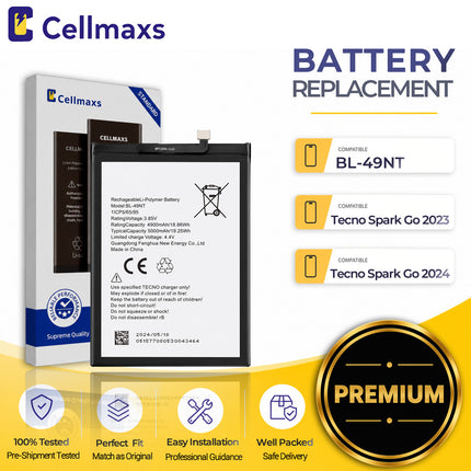 Cellmaxs Battery BL-49NT 5000mAh For Tecno Pop 7 Pro Spark Go 2023 2024 BF6 BG6 BF7n Battery Replacement With Tools Adhesive