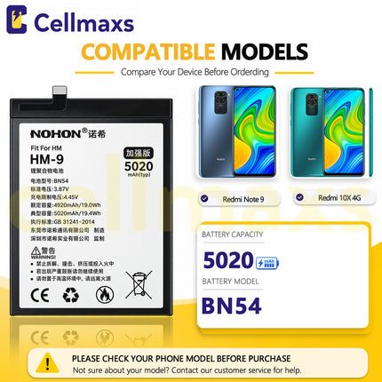 Nohon Battery BN54 5020mAh For Xiaomi Redmi Note 9 10X 4G M2003J15SC M2003J15SG M2003J15SS M2003J15SC Battery Replacement With Tools Adhesive