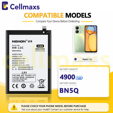 Nohon Battery BN5Q 4860mAh For Xiaomi Poco C65 M6 5G Redmi 13c 2310FPCA4G 23128PC33I 23100RN82L 23124RN87G Battery Replacement With Tools Adhesive