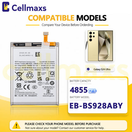 Cellmaxs Battery EB-BS928ABY 5000mAh For Samsung Galaxy S24 Ultra S928 SM-S928B SM-S928B/DS SM-S928U Battery Replacement With Tools Adhesive