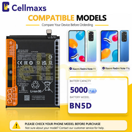 Cellmaxs Battery BN5D 5000mAh For Xiaomi Poco M4 Pro Redmi Note 11 11s 4G 2201117TG 2201117SG 2201117PG Battery Replacement With Tools Adhesive