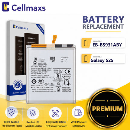 Cellmaxs Battery EB-BS931ABY 4000mAh For Samsung Galaxy S25 S931 SM-S931B SM-S931B/DS SM-S931U Battery Replacement With Tools Adhesive