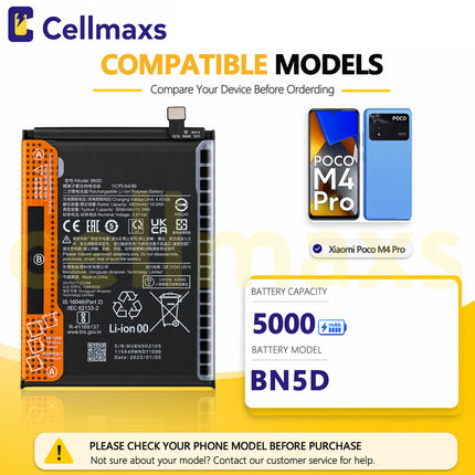 Cellmaxs Battery BN5D 5000mAh For Xiaomi Poco M4 Pro Redmi Note 11 11s 4G 2201117TG 2201117SG 2201117PG Battery Replacement With Tools Adhesive
