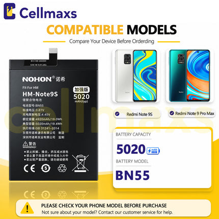 Nohon Battery BN55 5020mAh For Xiaomi Redmi Note 9S 9 Pro Max M2003J6A1G M2003J6B1I Battery Replacement With Tools Adhesive