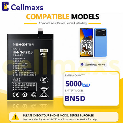 Nohon Battery BN5D 5000mAh For Xiaomi Poco M4 Pro Redmi Note 11 11s 4G 2201117TG 2201117SG 2201117PG Battery Replacement With Tools Adhesive