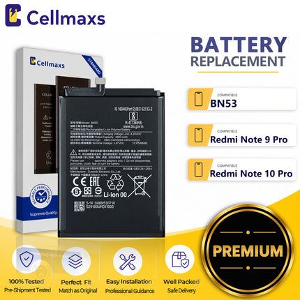 Cellmaxs Battery BN53 5020mAh For Xiaomi Redmi Note 9 10 Pro 4G M2003J6B2G M2101K6G M2101K6R Battery Replacement With Tools Adhesive
