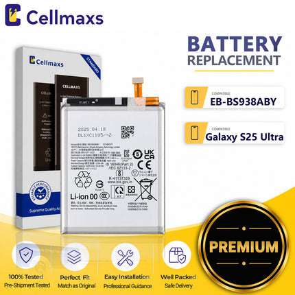 Cellmaxs Battery EB-BS938ABY 4855mAh For Samsung Galaxy S25 Ultra S938 SM-S938B SM-S938B/DS SM-S938U Battery Replacement With Tools Adhesive