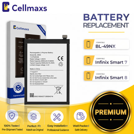 Cellmaxs Battery BL-49NX For Infinix Smart 7 HD 8 Hot 30i X6515 X6516 X6525 X669 5000mAh Battery Replacement With Tools Adhesive