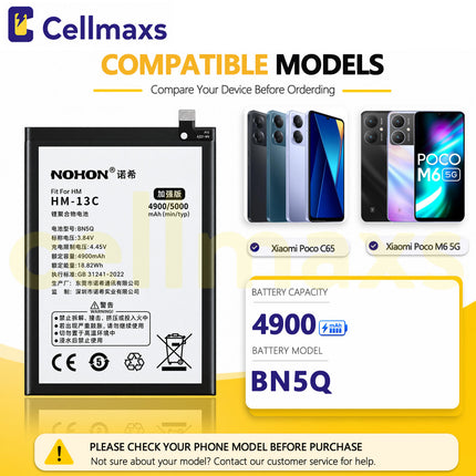 Nohon Battery BN5Q 4860mAh For Xiaomi Poco C65 M6 5G Redmi 13c 2310FPCA4G 23128PC33I 23100RN82L 23124RN87G Battery Replacement With Tools Adhesive
