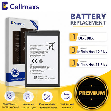 Cellmaxs Battery BL-58BX 6000mAh For Infinix Hot 9 10 11 20 30 Play X680 X688B X688C X6825 Battery Replacement With Tools Adhesive