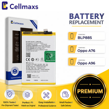 Cellmaxs Battery BLP885 For Oppo A36 A76 A96 4G PESM10 CPH2375 CPH2333 5000mAh Battery Replacement With Tools Adhesive