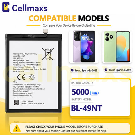 Cellmaxs Battery BL-49NT 5000mAh For Tecno Pop 7 Pro Spark Go 2023 2024 BF6 BG6 BF7n Battery Replacement With Tools Adhesive