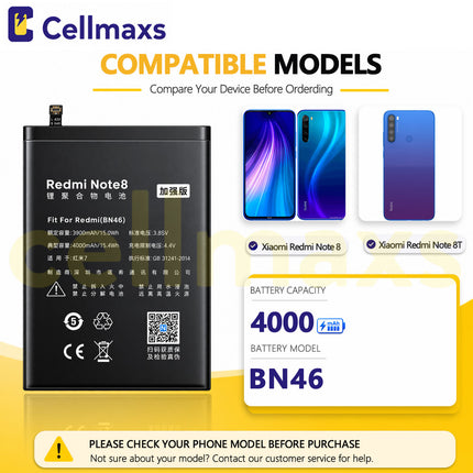 Nohon Battery BN46 4000mAh For Xiaomi Redmi 7 Note 8 8T M1810F6LG M1810F6LH M1908C3JH M1908C3JG M1908C3XG Battery Replacement With Tools Adhesive
