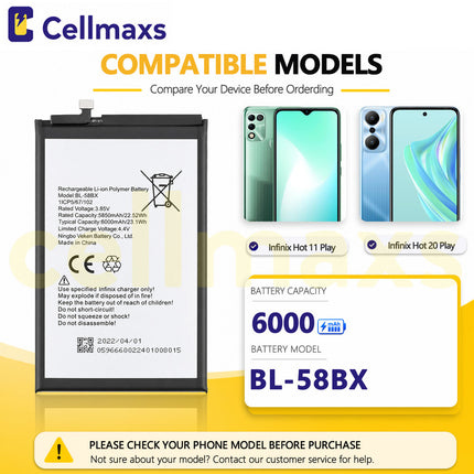 Cellmaxs Battery BL-58BX 6000mAh For Infinix Hot 9 10 11 20 30 Play X680 X688B X688C X6825 Battery Replacement With Tools Adhesive