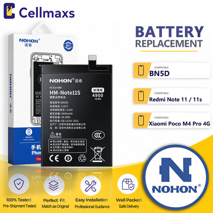 Nohon Battery BN5D 5000mAh For Xiaomi Poco M4 Pro Redmi Note 11 11s 4G 2201117TG 2201117SG 2201117PG Battery Replacement With Tools Adhesive