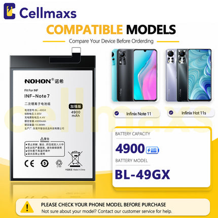 Nohon Battery BL-49GX 4900mAh For Infinix Note 7 10 11 11s Hot 11s NFC Battery Replacement With Tools Adhesive
