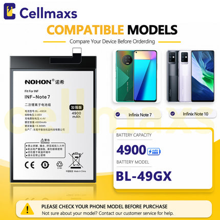 Nohon Battery BL-49GX 4900mAh For Infinix Note 7 10 11 11s Hot 11s NFC Battery Replacement With Tools Adhesive